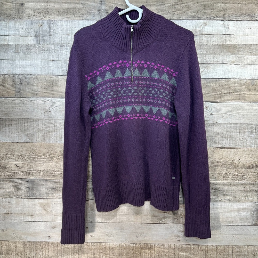 Eddie Bauer Womens‎ Purple Pink Grey Fair Isle 1/4 Zip Wool Blend Sweater M